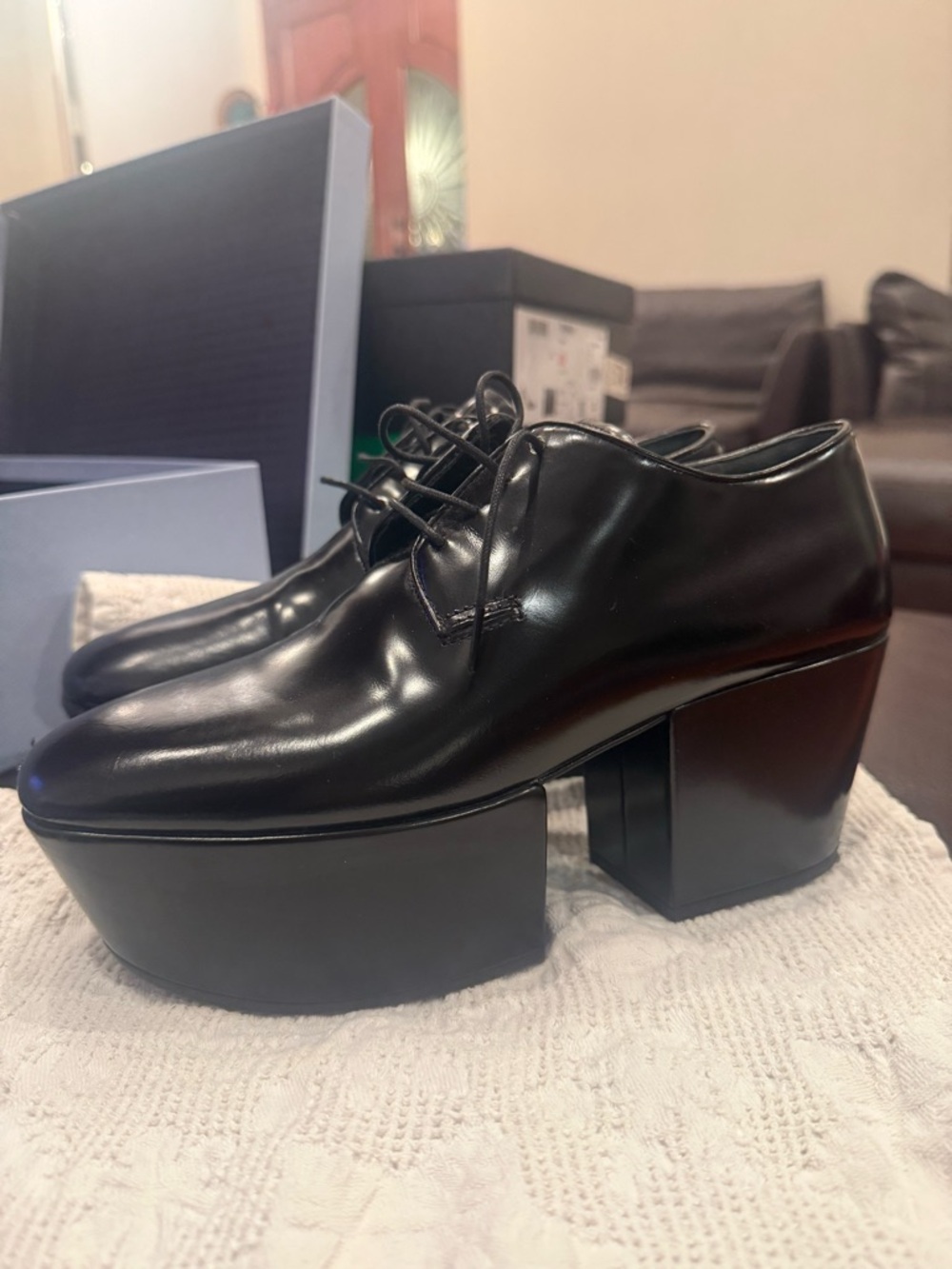 Prada Black Leather Platform Derby Shoes sz 37.5